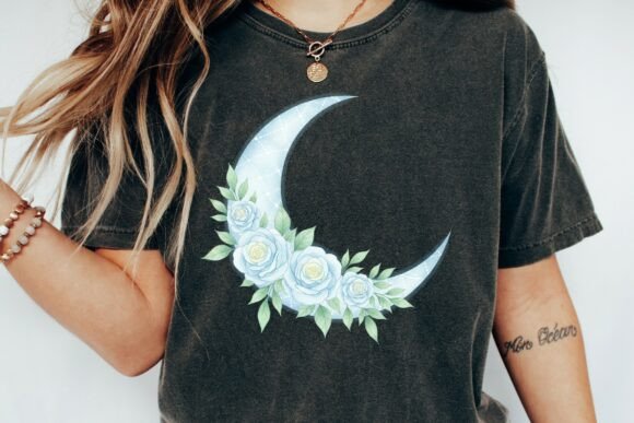 Enchanting Watercolor Moon Blue Roses Design PNG